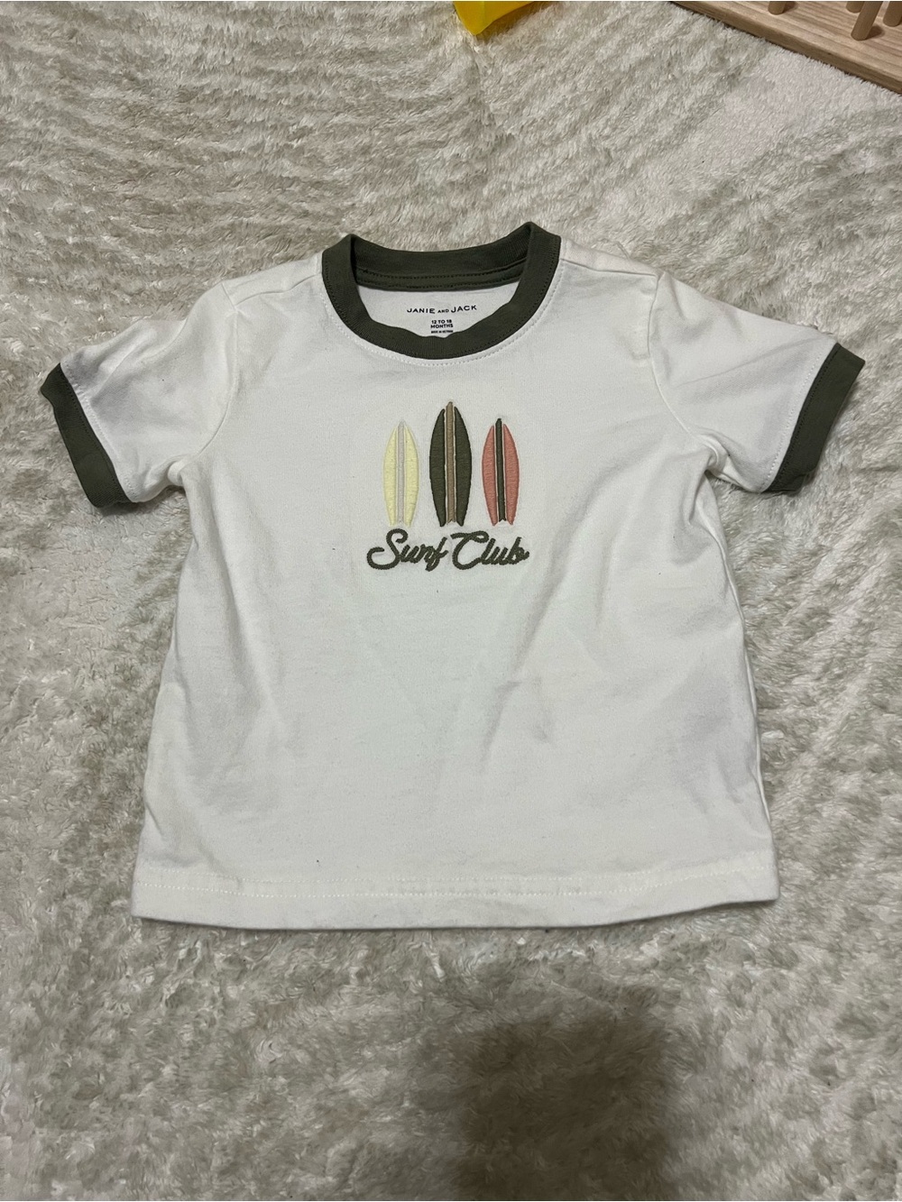 Janie and Jack White Ringer Tee with Olive Trim and Surfboard Graphic